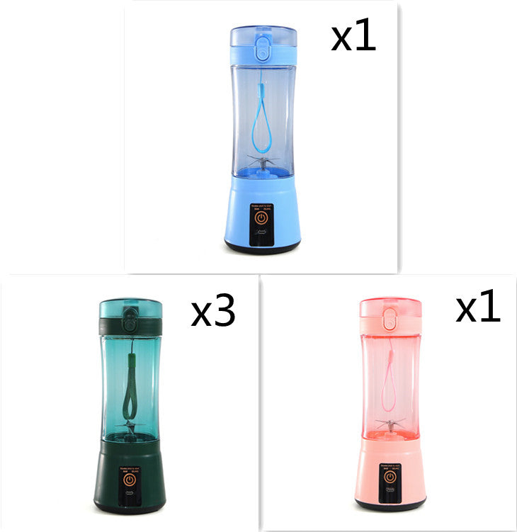 Portable electric fruit juicer mini blender set with light blue, teal, and pink containers
