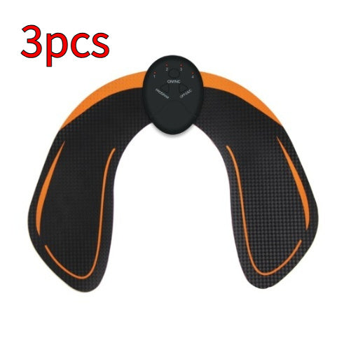 EMS abdominal trainer pad with black controller and orange curved electrode straps