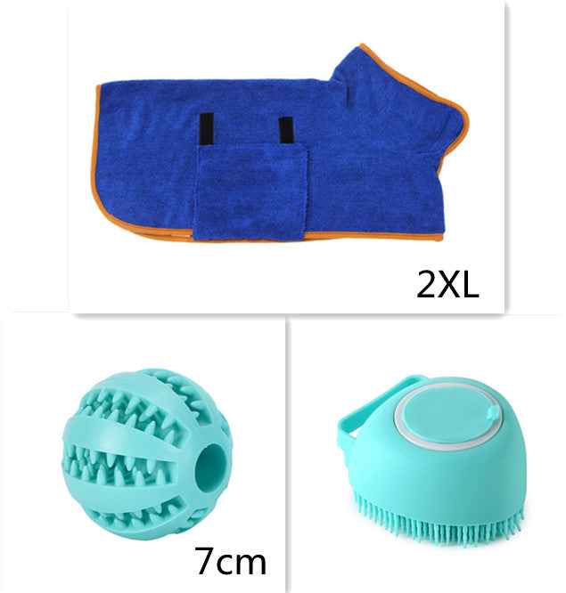 Blue grooming towel mitt with orange trim; silicone brush shown nearby
