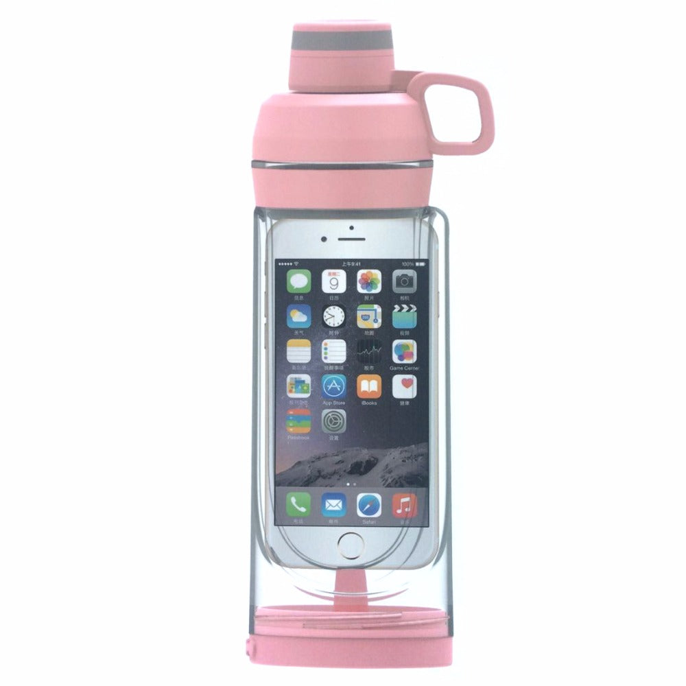 Pink waterproof water bottle phone pouch with clear window and carrying handle