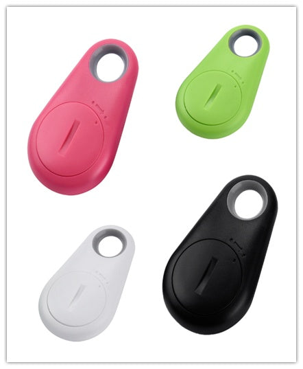 Water-drop anti-lost tracker card showing pink, green, white, and black tags