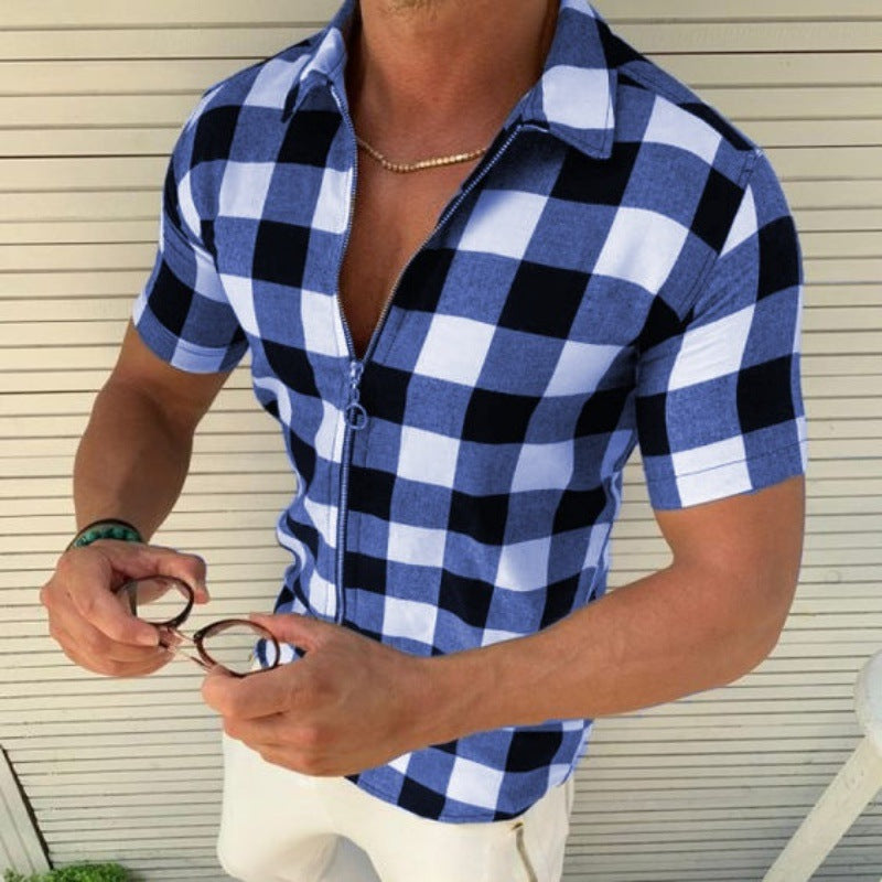 Men's plaid short-sleeve zip shirt in blue and white