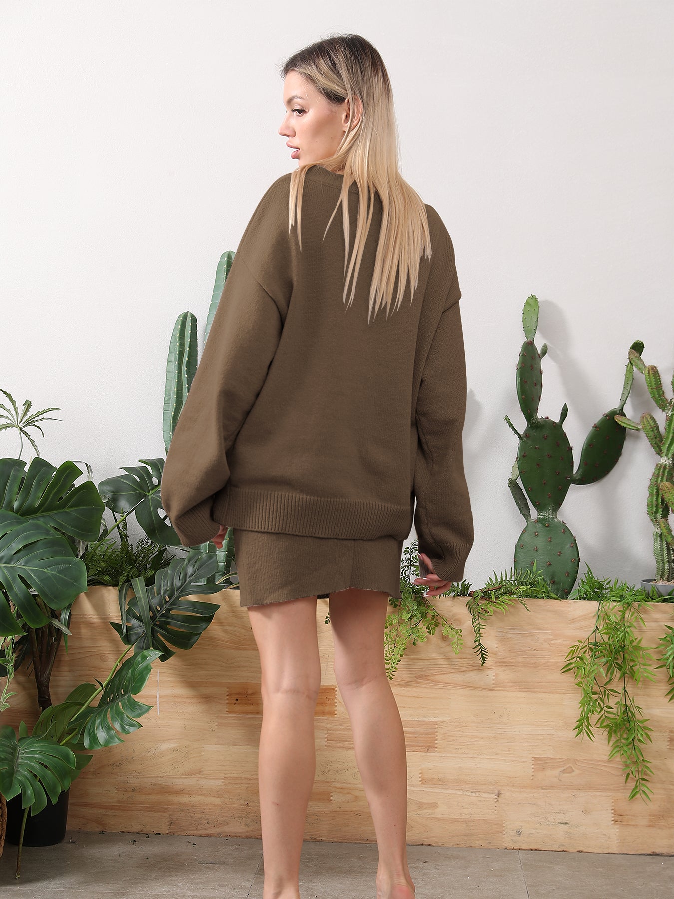 Women's home clothing set camel-brown knit top and short skirt, back view