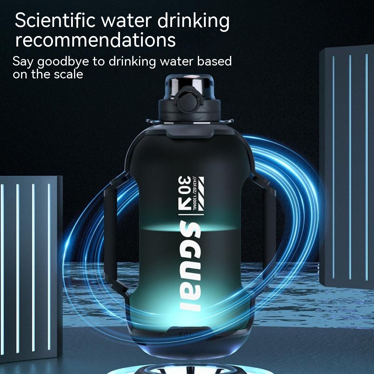Matte black smart sports water bottle with flip-top cap and glowing LED ring