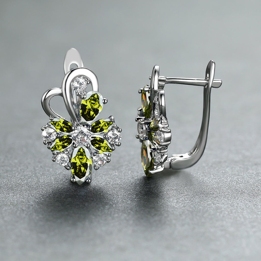 Flower drop-shaped zircon earrings with yellow-green and clear stones in silver-tone settings