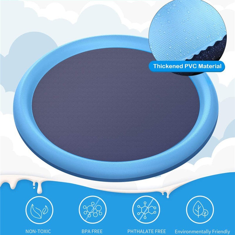 Blue splash pad with thick PVC look and safety icons on the mat
