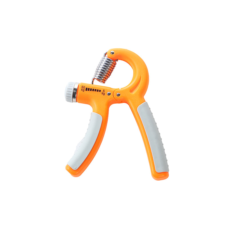 Orange hand grip finger exerciser with silver spring and white textured grips