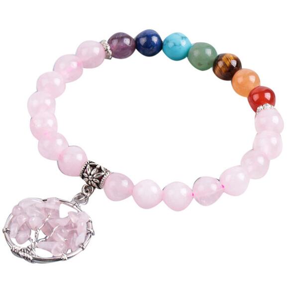 Pink crystal beaded bracelet with circular rose quartz pendant and multicolor bead accents