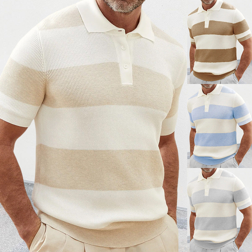 Men's short-sleeve striped polo knit sweater with ribbed collar and button placket