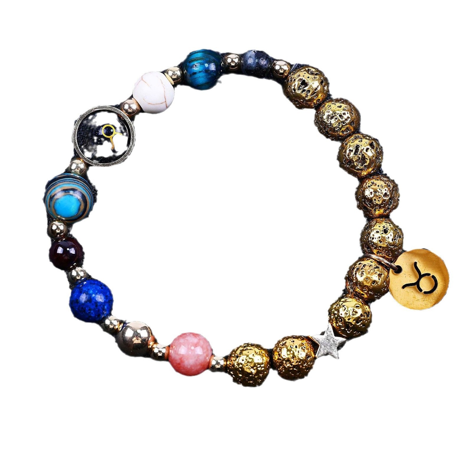 Beaded bracelet with blue and gold beads; round zodiac charm, globe bead, and small star.