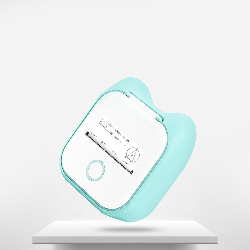 Teal and white portable mini thermal label printer printing a label