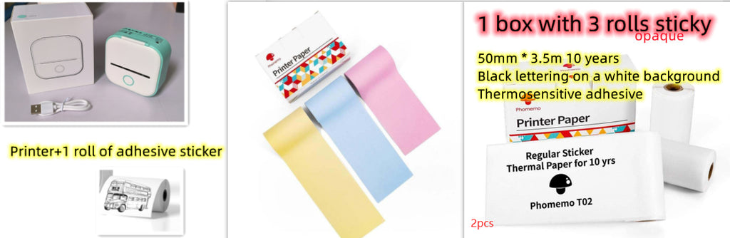 Mini label printer set with adhesive sticker roll and three colorful label rolls