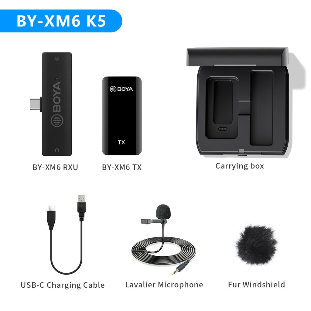 Clip-on wireless lavalier microphone kit: 1 microphone, USB-C cable, fur windshield