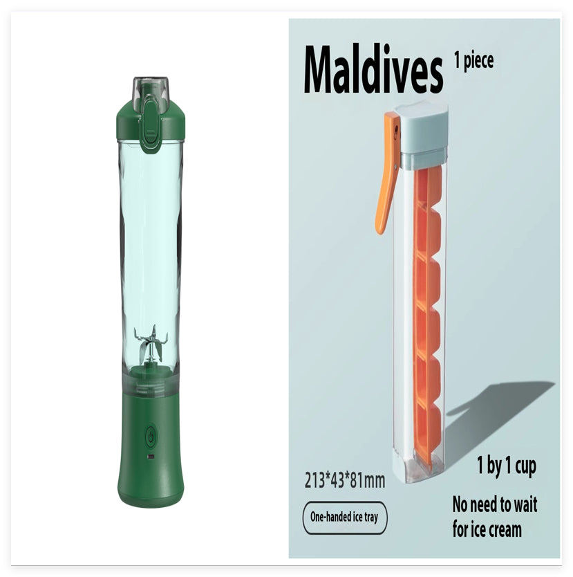 Portable blender juicer, clear cup with dark green base and dark green lid