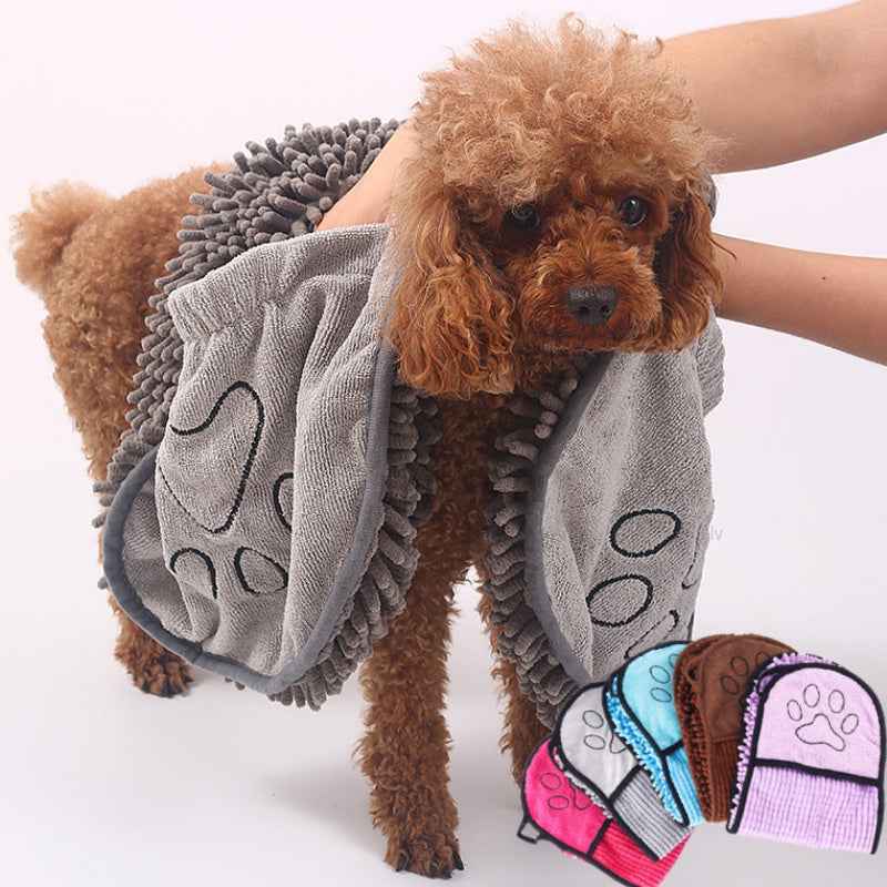Gray pet bath towel set with paw doodle design and looped microfiber texture