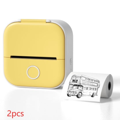 Mini thermal label printer, yellow body with label roll