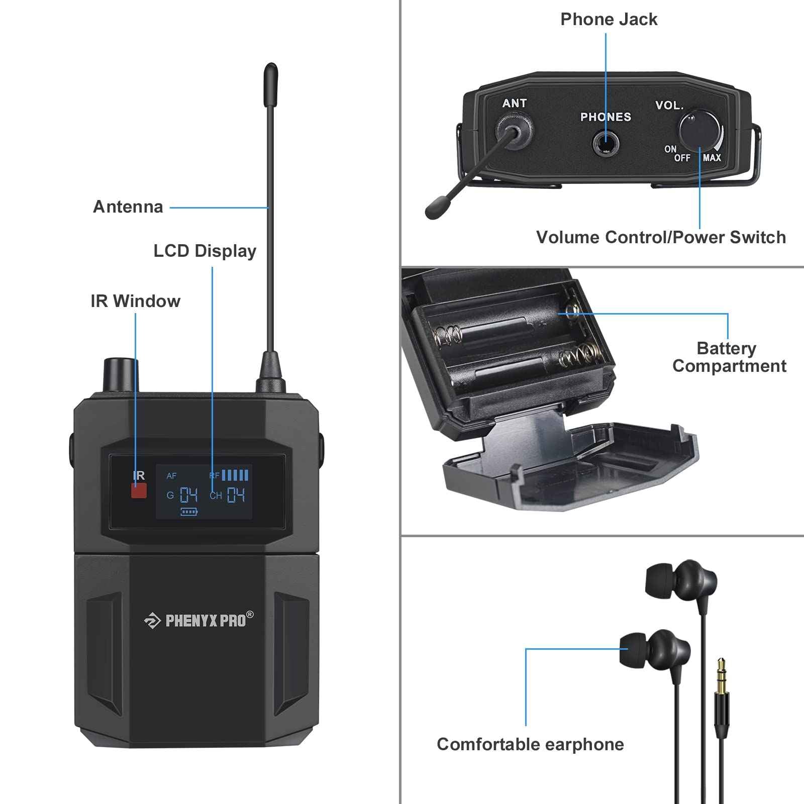 Phenyx Pro portable receiver diagram with antenna, LCD, phone jack, and open battery bay