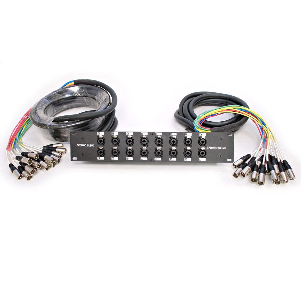 16-channel XLR/TRS combo splitter rack panel with coiled cables and plug adapters