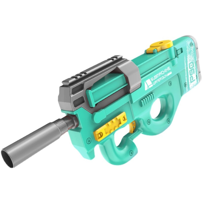 Teal automatic water gun toy with gray launcher and yellow top button and front nozzle.