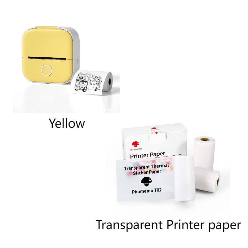 Portable mini thermal label printer in yellow with transparent thermal sticker paper set