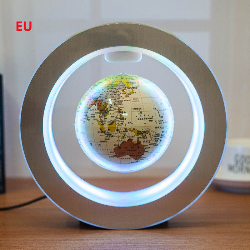LED floating world map globe on dark round base with white glowing ring light