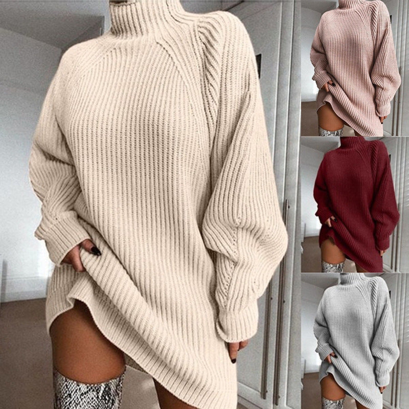 Turtleneck knit sweater dress, cream beige, long sleeves and ribbed cuffs