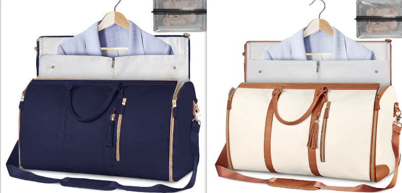 Foldable travel duffle bag set with light blue shirt organizer and navy bag, zip front