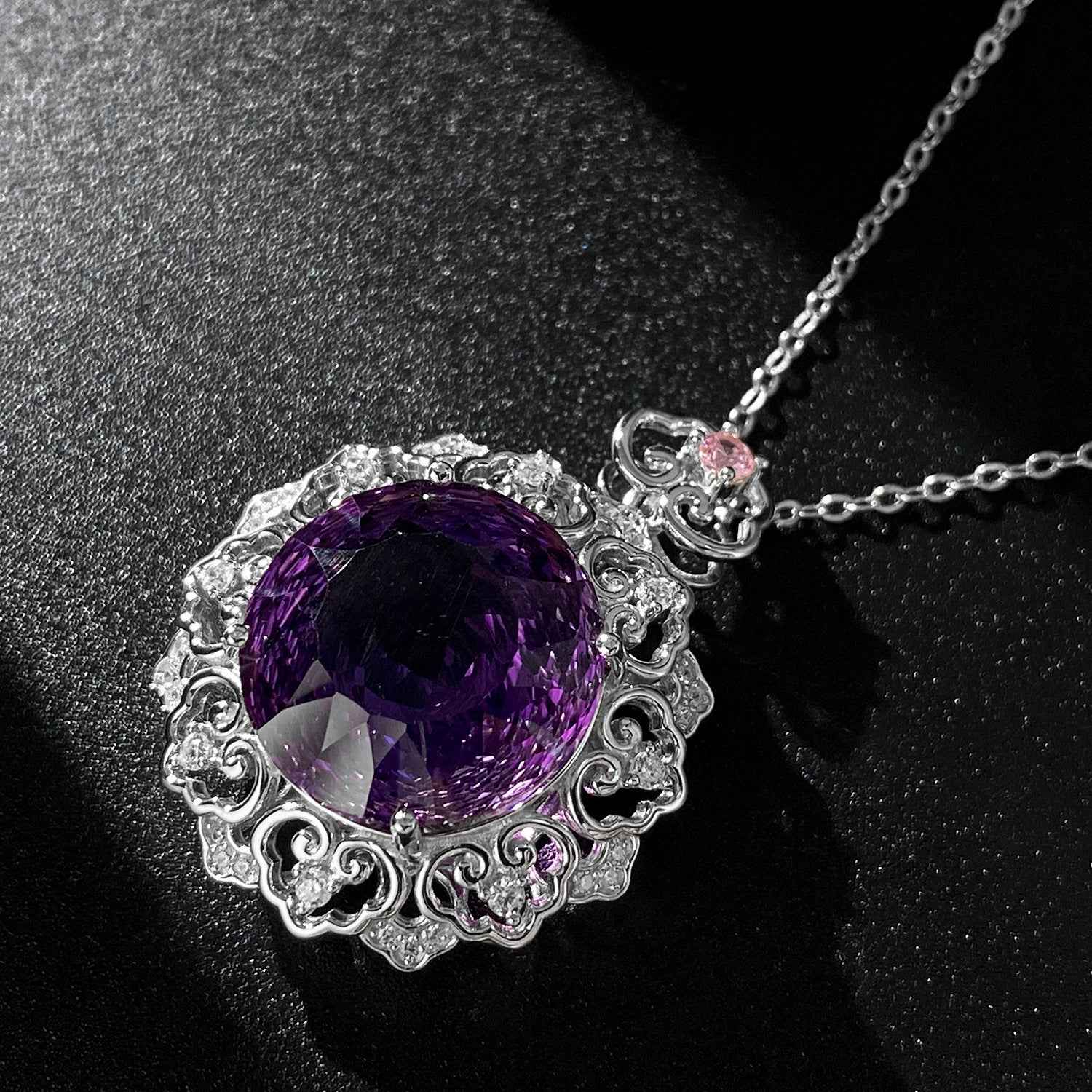 Silver amethyst pendant necklace, round purple amethyst in scrolling filigree
