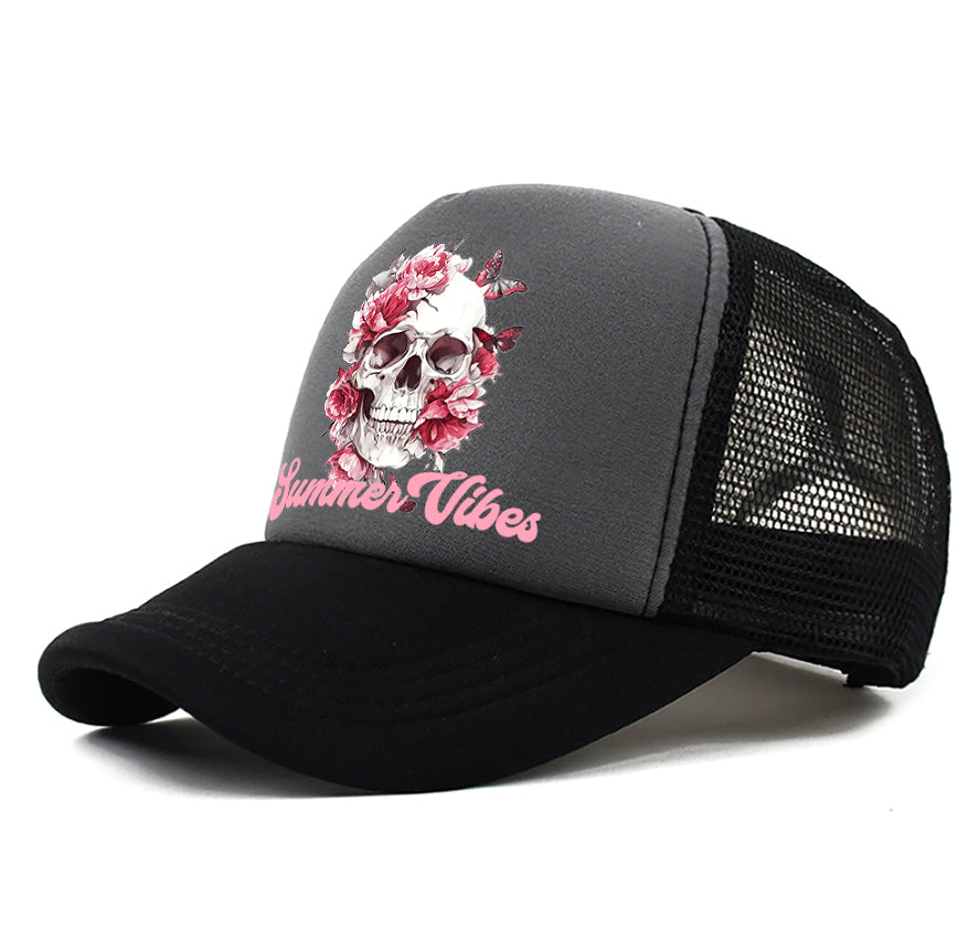 Men's casual baseball cap, dark gray front with skull floral graphic and black mesh sides