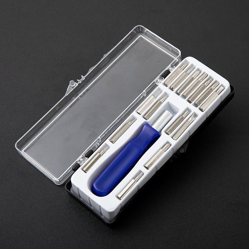 Screwdriver bit set with open clear case and blue handle driver