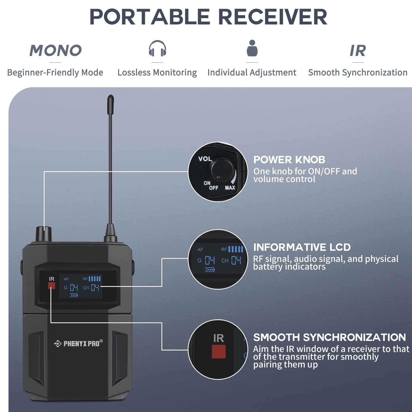 Phenyx Pro portable receiver with antenna, IR window, LCD indicators, and volume power knob