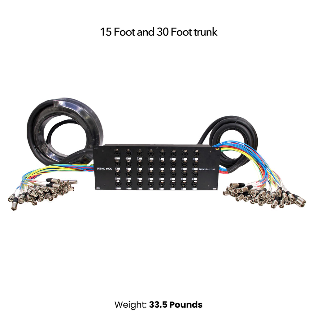 Rack-mount audio splitter snake box with multicolor cable and XLR/TRS trunk ends.