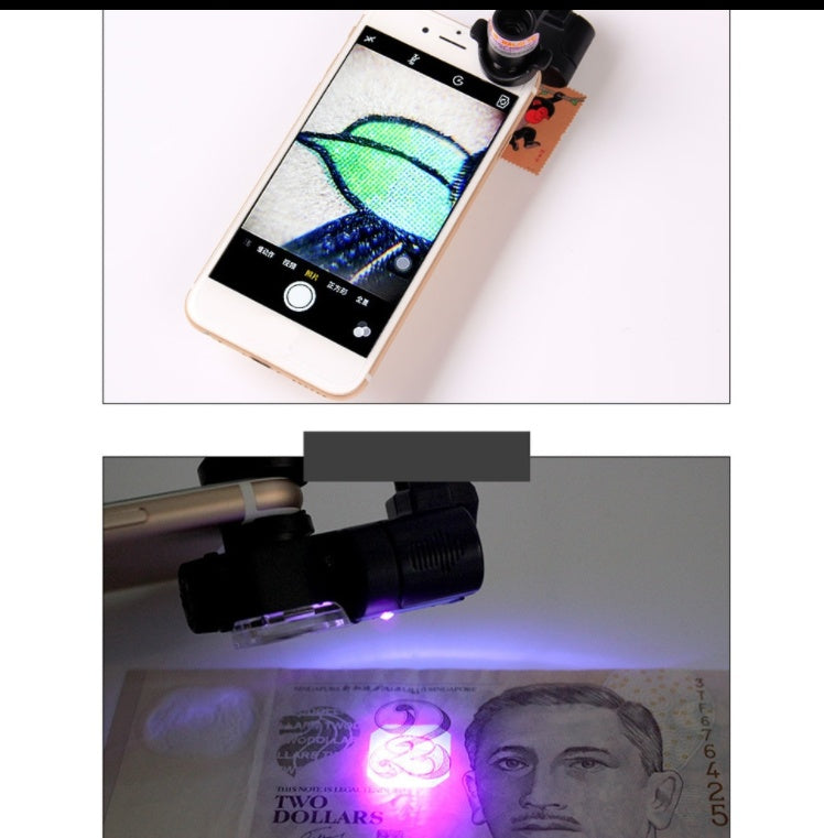 Black clip-on magnifying lens with light illuminating text on a smartphone