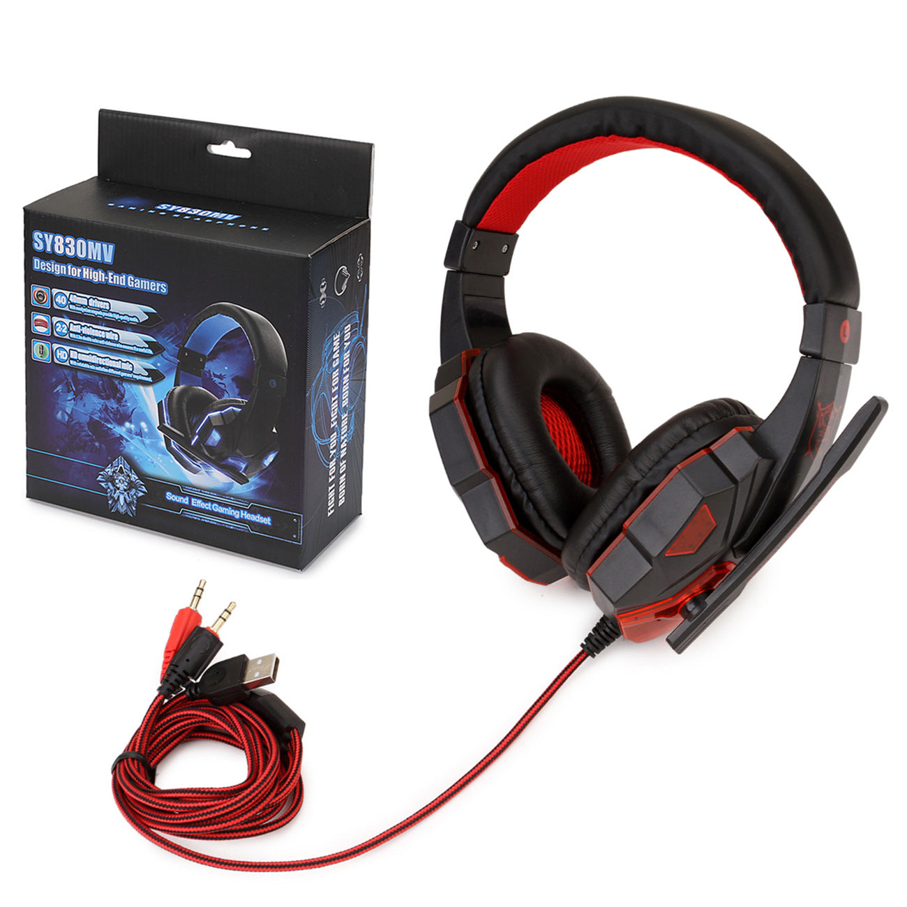 Over-ear gaming headphones set, black and red with braided USB cable