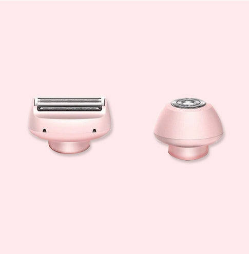 2-in-1 electric hair removal trimmer heads on pink, pink handheld units shown