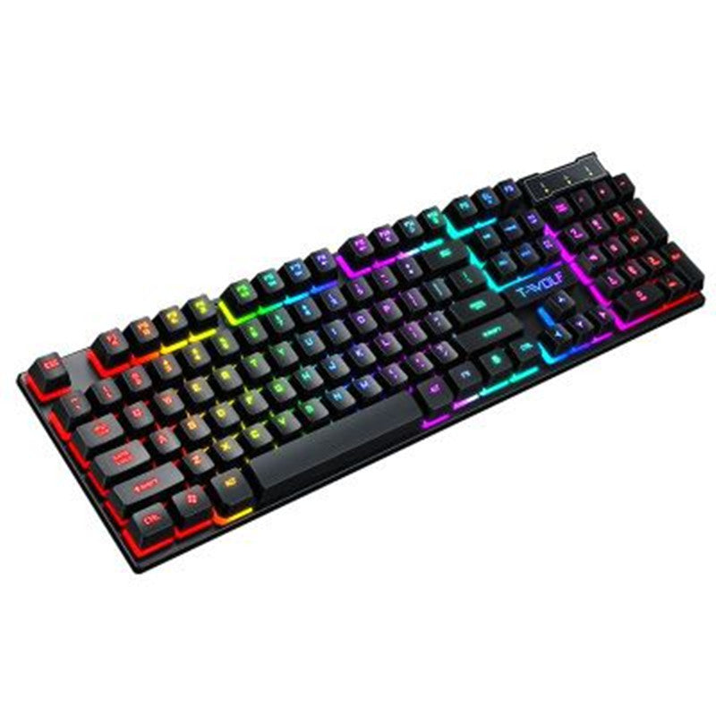 Gaming wired keyboard with multicolor RGB backlit keys and red corner accents