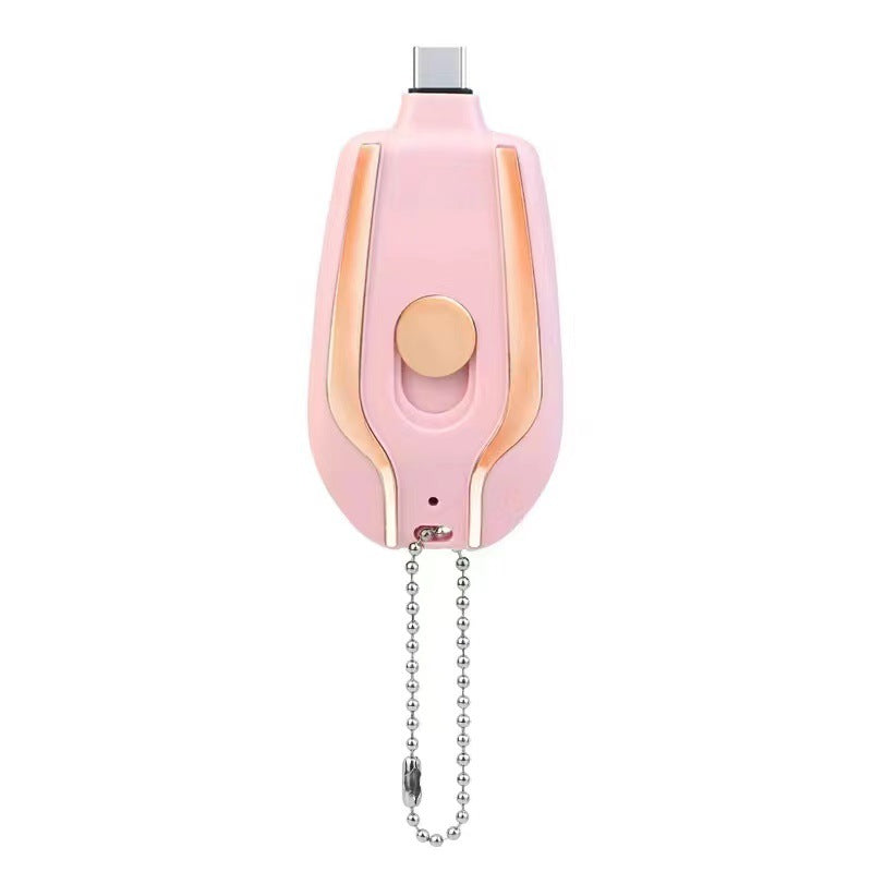 Pink mini keychain power bank pod charger with gold button and bead chain