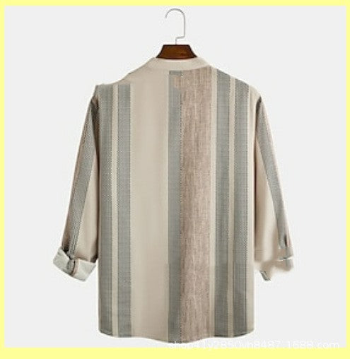 Men's striped stand-collar slub linen casual shirt, back view in light beige and blue-green stripes