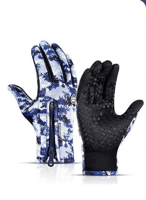 Pair of winter riding gloves, speckled blue and black, textured palms, zipped wrist cuff