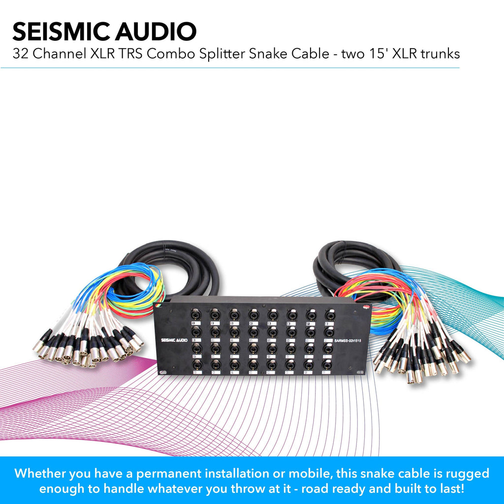 Audio splitter snake cable with black splitter box and two color-coded XLR trunk bundles