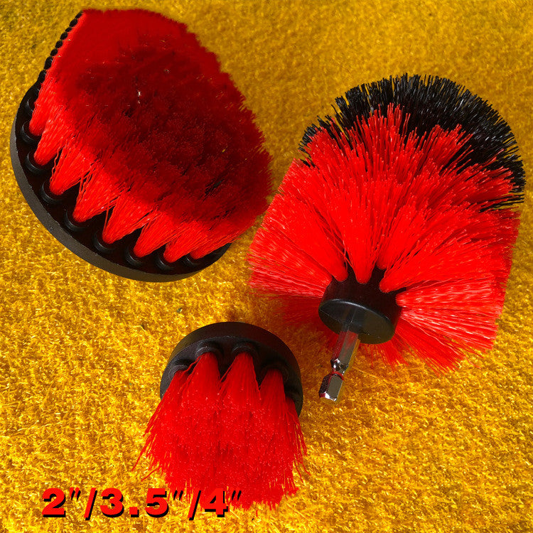 Electric drill brush set with red bristle heads and black mounting bases