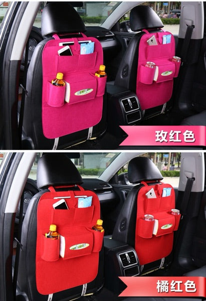 Pink and red seat organizer bags with front pockets for small items