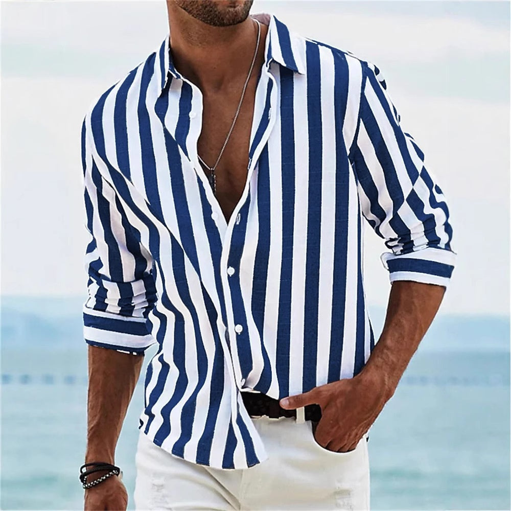 Men striped button-up shirt, long sleeves, blue/white vertical stripes, button front