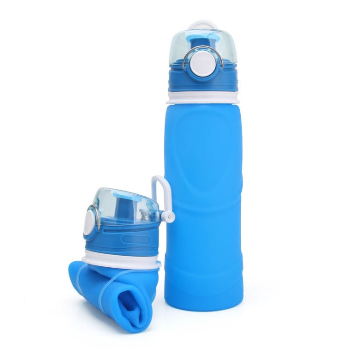 Blue folding silicone water bottle with flip-top lid and collapsible base cup