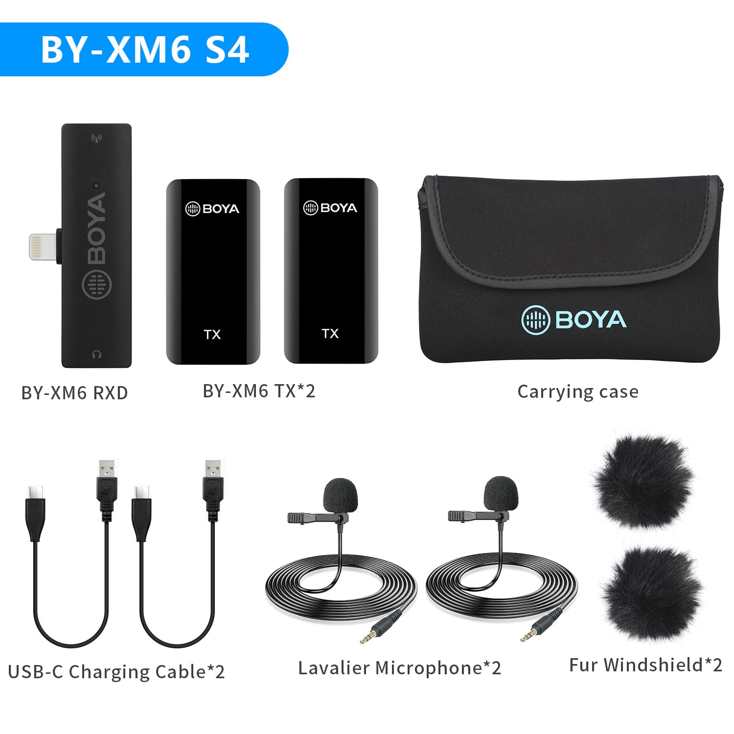 Black wireless microphone system kit with carrying case, charging cables, and windshields