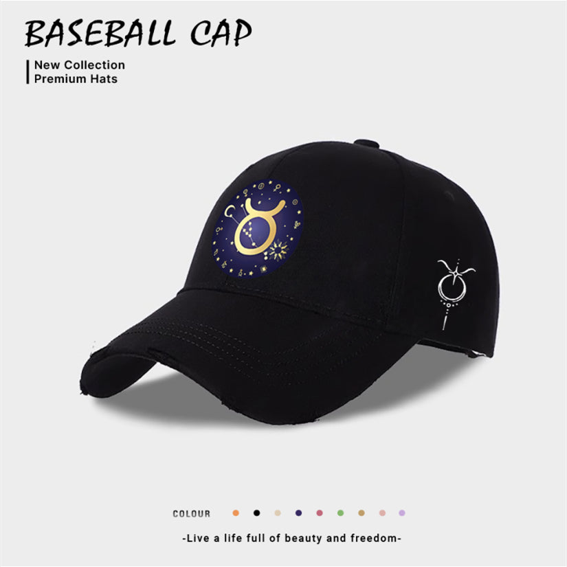 Black baseball cap with blue-and-gold zodiac emblem on front, small side print