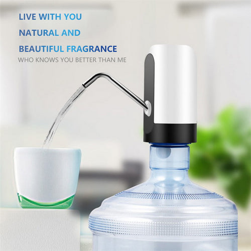 Automatic electric water bottle pump topper with white body, black base, and metal spout