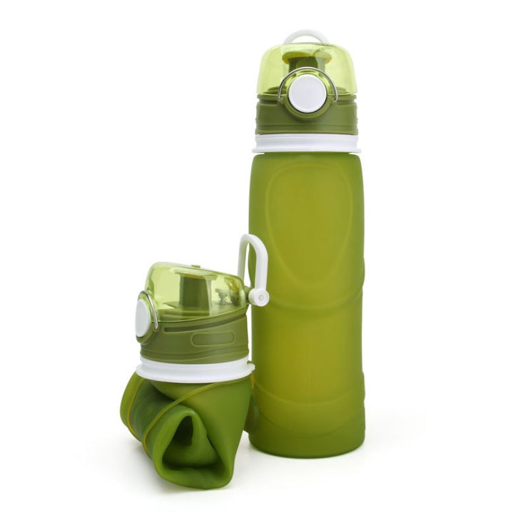Green folding silicone water bottle with flip-top lid and collapsible base cup