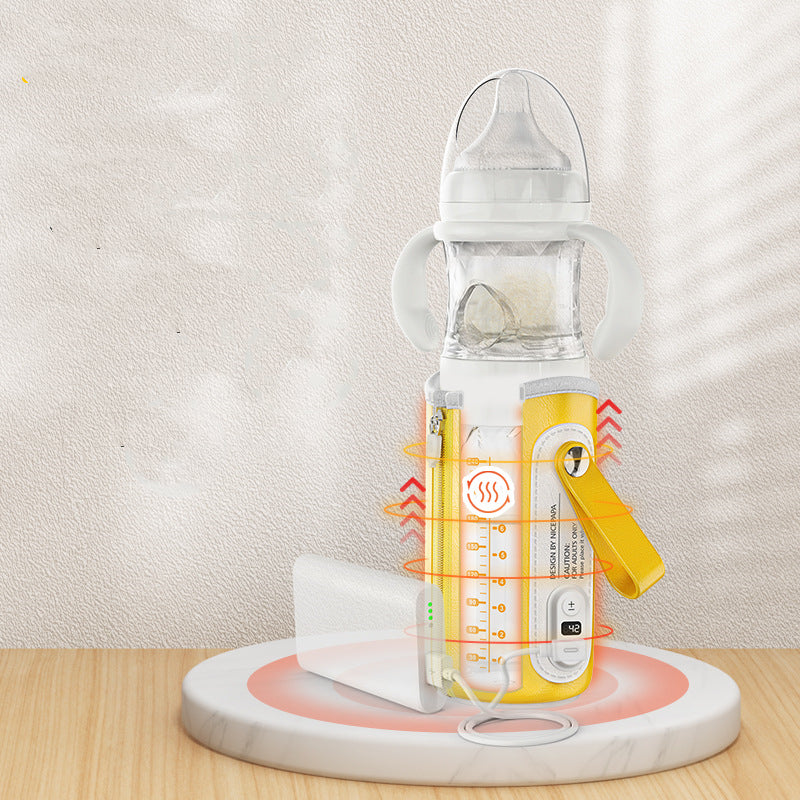 Constant-temperature milk bottle with clear bottle, measuring markings, and heating base