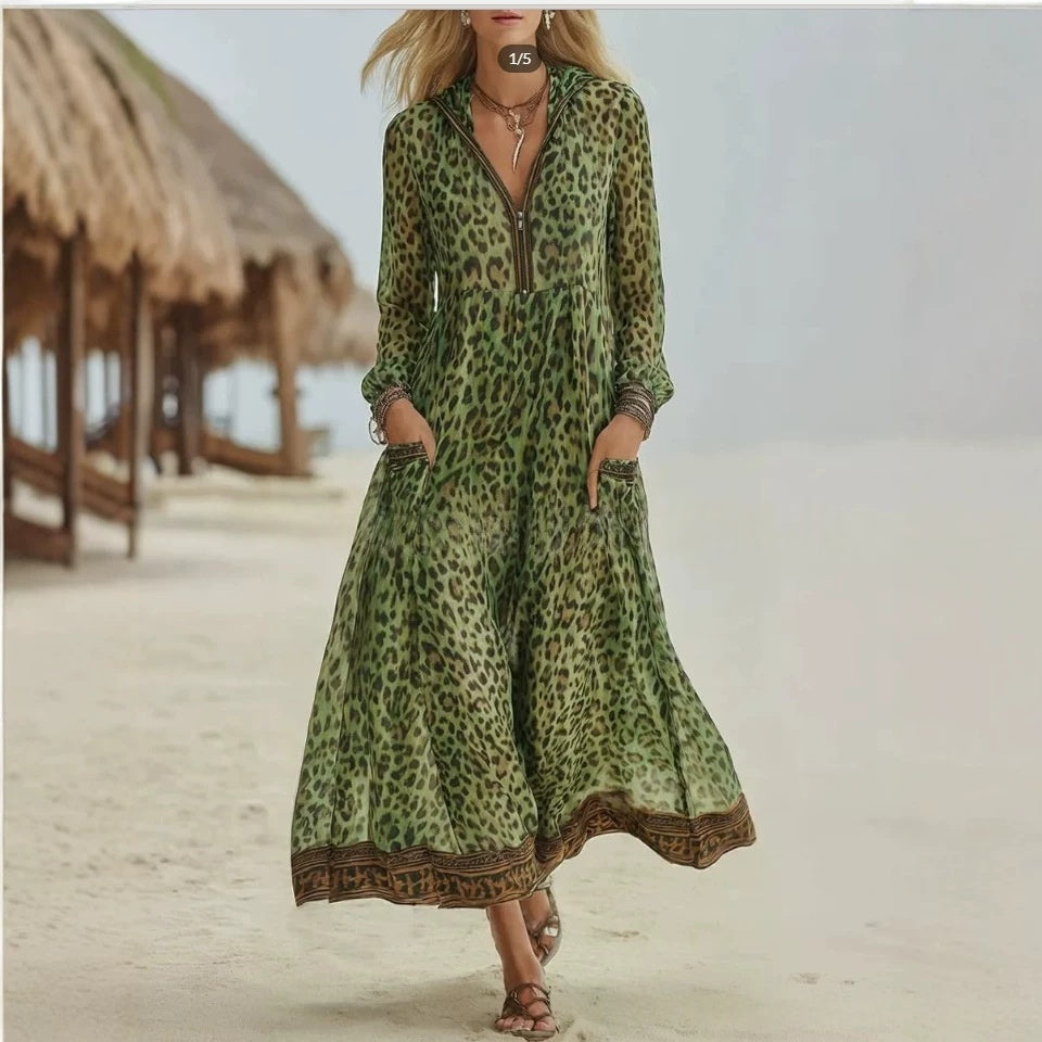 Green leopard-print hooded maxi dress, V-neck placket and flared tiered skirt
